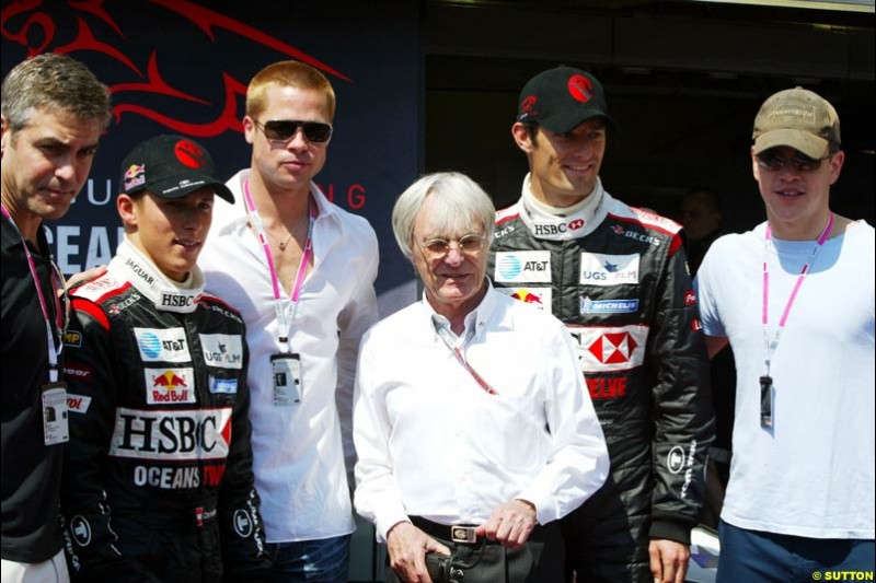 Actors George Clooney, Brad Pitt and Matt Damon with the Jaguar drivers and Bernie Ecclestone at the Monaco Grand Prix, Saturday 22nd May, 2004. 