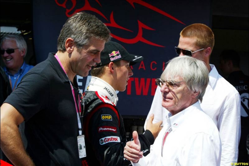 George Clooney talks to Bernie Ecclestone at the Monaco Grand Prix, Saturday 22nd May, 2004.