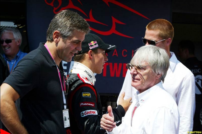 George Clooney talks to Bernie Ecclestone at the Monaco Grand Prix, Saturday 22nd May, 2004. 