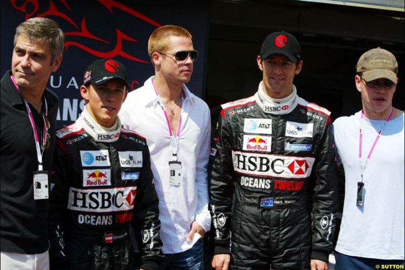 Actors George Clooney, Brad Pitt and Matt Damon with the Jaguar drivers at the Monaco Grand Prix, Saturday 22nd May, 2004.