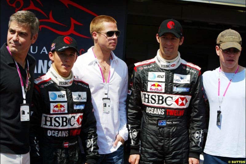 Actors George Clooney, Brad Pitt and Matt Damon with the Jaguar drivers at the Monaco Grand Prix, Saturday 22nd May, 2004. 