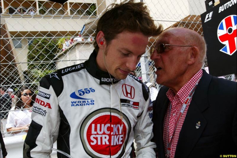 Jenson Button and Sir Stirling Moss, Monaco GP, Sunday May 23rd, 2004.