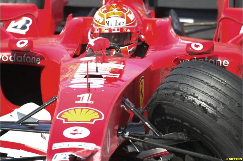 Michael Schumacher, Ferrari, crashes out. Monaco GP, Sunday May 23rd, 2004.