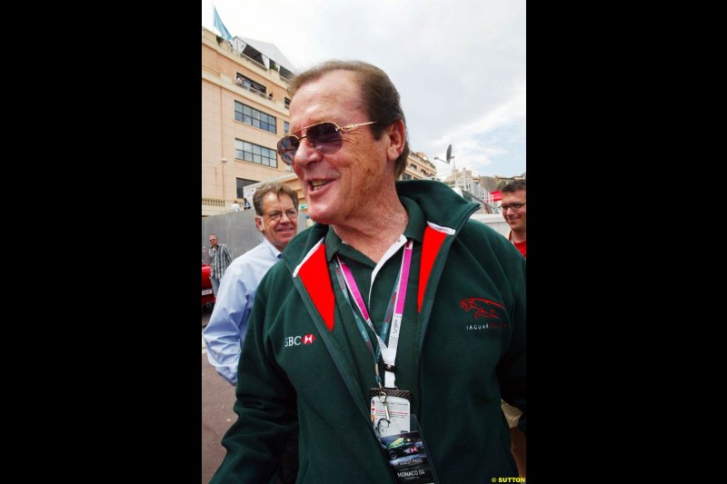 Jaguar guest Roger Moore, Monaco GP, Sunday May 23rd, 2004.