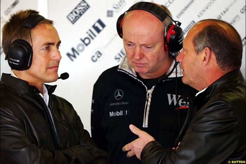 Martin Whitmarsh, Steve Hallam, and Ron Dennis; European GP, Saturday May 29th, 2004.