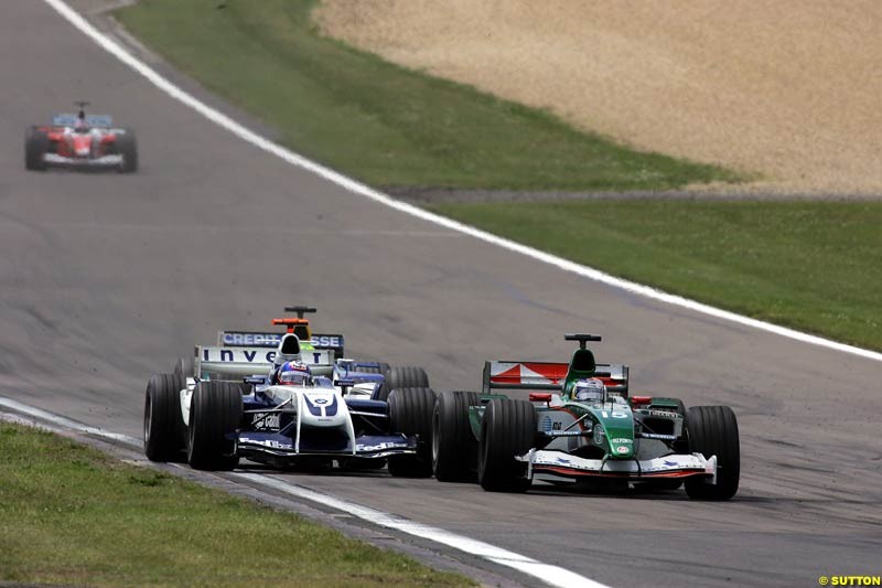 Christian Klien, Jaguar; Juan Pablo Montoya, BMW-Williams;  European GP, Sunday May 30th, 2004.