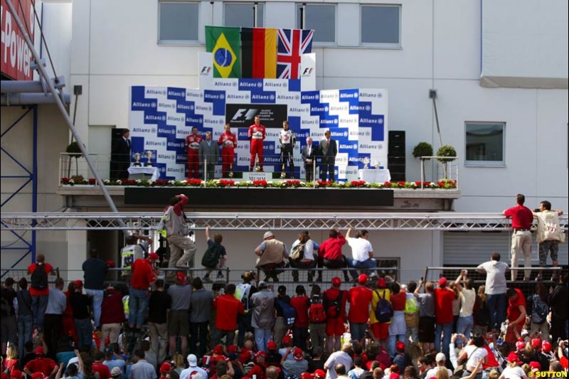 Rubens Barrichello, Michael Schumacher, Jenson Button;  European GP, Sunday May 30th, 2004.