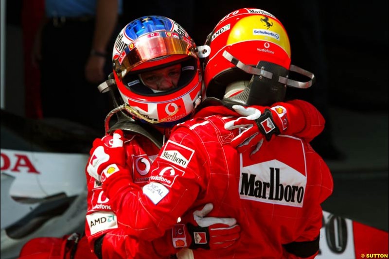 Rubens Barrichello and Michael Schumacher, European GP, Sunday May 30th, 2004.