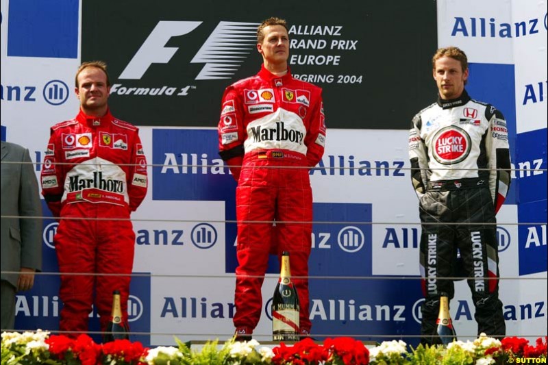 Rubens Barrichello, Michael Schumacher, Jenson Button;  European GP, Sunday May 30th, 2004.