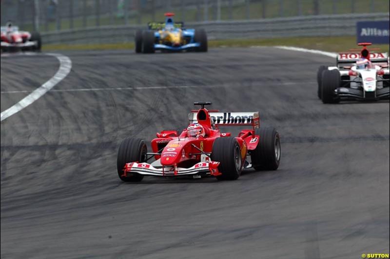 Rubens Barrichello, Ferrari; Jenson Button, BAR-Honda; Fernando Alonso, Renault; Olivier Panis, Toyota; European GP, Sunday May 30th, 2004.