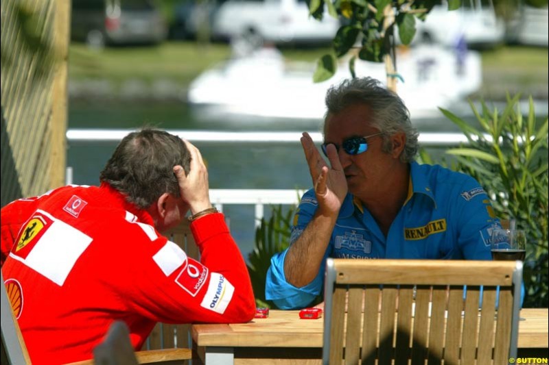 Jean Todt and Flavio Briatore. The Canadian Grand Prix, Montreal, Canada. Saturday, June 13th, 2004.