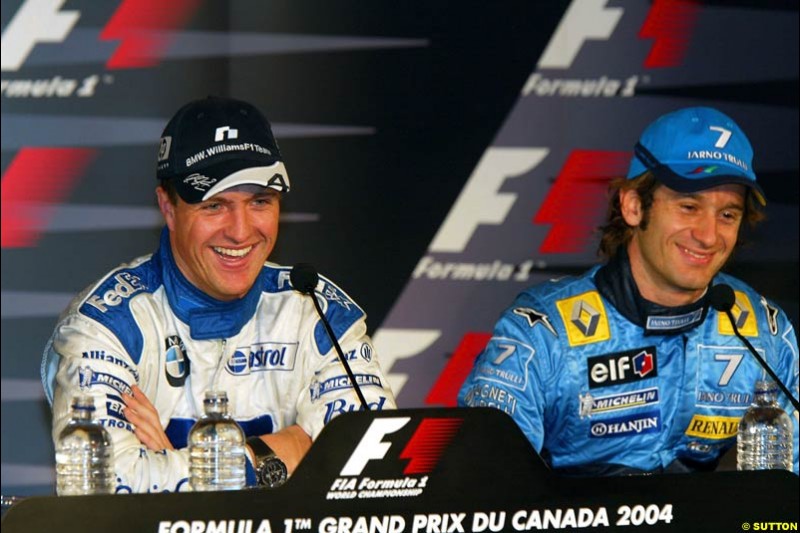 Ralf Schumacher and Jarno Trulli at the post-qualifying press conference. The Canadian Grand Prix, Montreal, Canada. Saturday, June 13th, 2004.