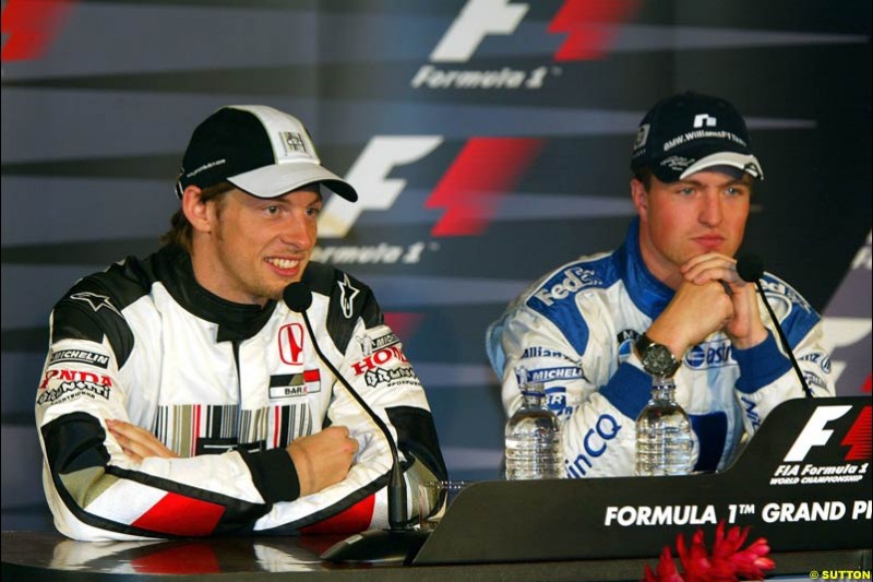 Jenson Button and Ralf Schumacher at the post-qualifying press conference. The Canadian Grand Prix, Montreal, Canada. Saturday, June 13th, 2004.