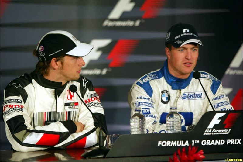 Jenson Button and Ralf Schumacher at the post-qualifying press conference. The Canadian Grand Prix, Montreal, Canada. Saturday, June 13th, 2004.