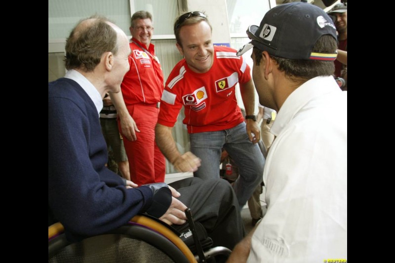 Sir Frank Williams, Rubens Barrichello, and Juan Pablo Montoya; United States GP, Thursday June 17th, 2004.