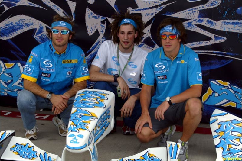 Jarno Trulli and Fernando Alonso, United States GP, Thursday June 17th, 2004.
