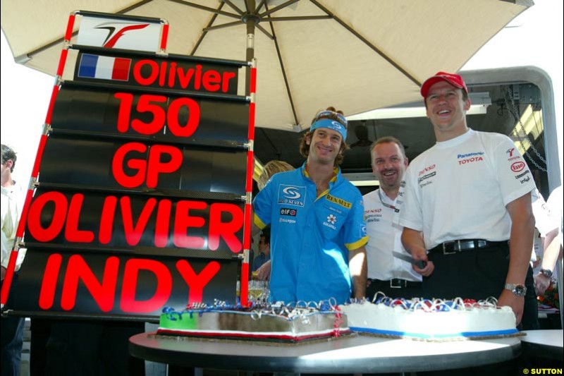 Jarno Trulli, Mike Gascoyne, and Olivier Panis;  United States GP, Saturday June 19th, 2004.