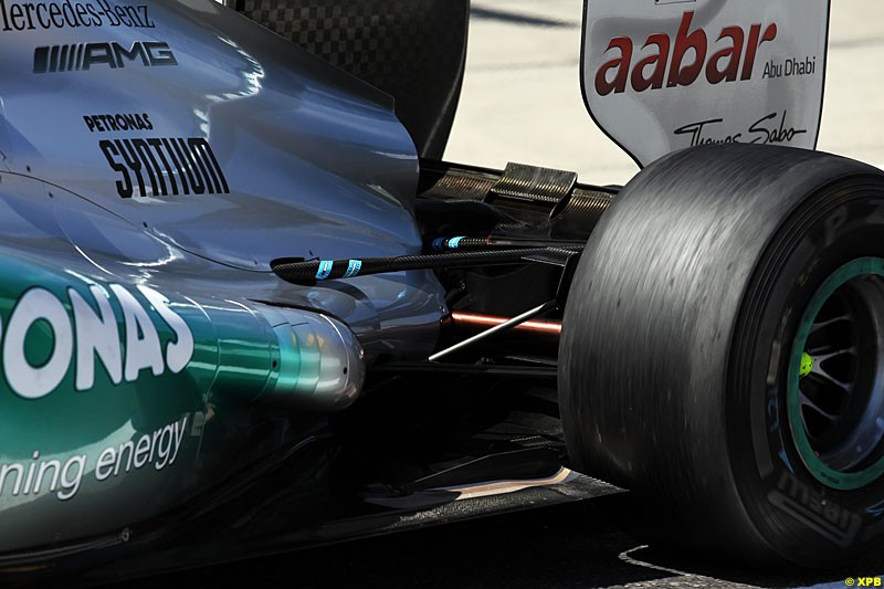 Mercedes W03 rear exhaust and suspension detail,  Practice, Formula One World Championship, Round 15, Japanese Grand Prix, Suzuka Circuit, Mie Prefecture, Japan. Friday 5 October 2012. 