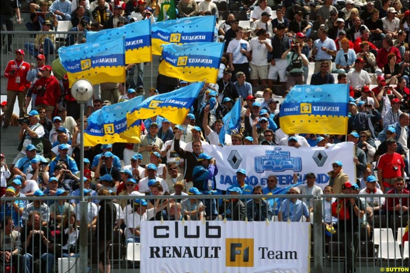 Renault fans. Saturday practice and qualifying for the French Grand Prix. Magny Cours, France. July 3rd 2004.