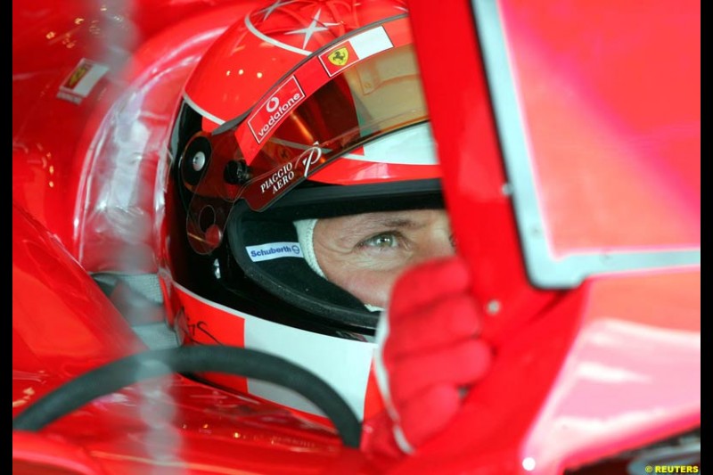 Michael Schumacher. Saturday practice for the French Grand Prix. Magny Cours, France. July 3rd 2004.