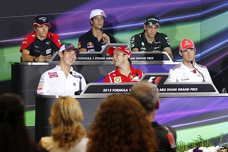 Charles Pic, Marussia F1, Daniel Ricciardo, Toro Rosso, Vitaly Petrov, Caterham F1 Team, Kamui Kobayashi, Sauber, Felipe Massa, Ferrari, Jenson Button, McLaren, Formula One World Championship, Round 18, Abu Dhabi Grand Prix, Yas Marina Circuit, United Arab Emirates. Thursday 1 November 2012.