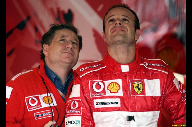Jean Todt and Rubens Barrichello. Friday practice for the British Grand Prix. Silverstone, England. July 9th 2004.