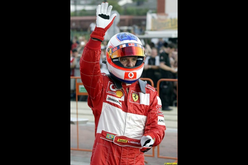 Rubens Barrichello, Ferrari, in a Ferrari car demonstration during the car show in Prague, July 21, 2004.  