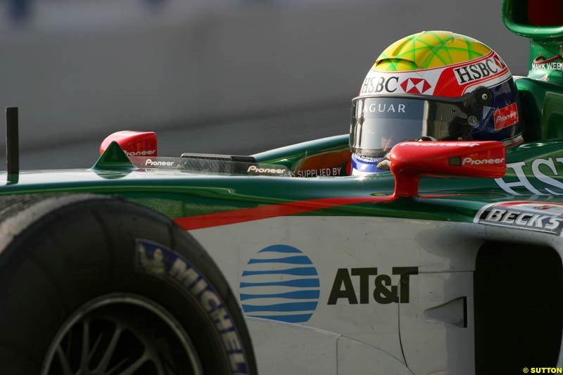 Mark Webber, Jaguar, Jerez testing, Friday July 16th, 2004.