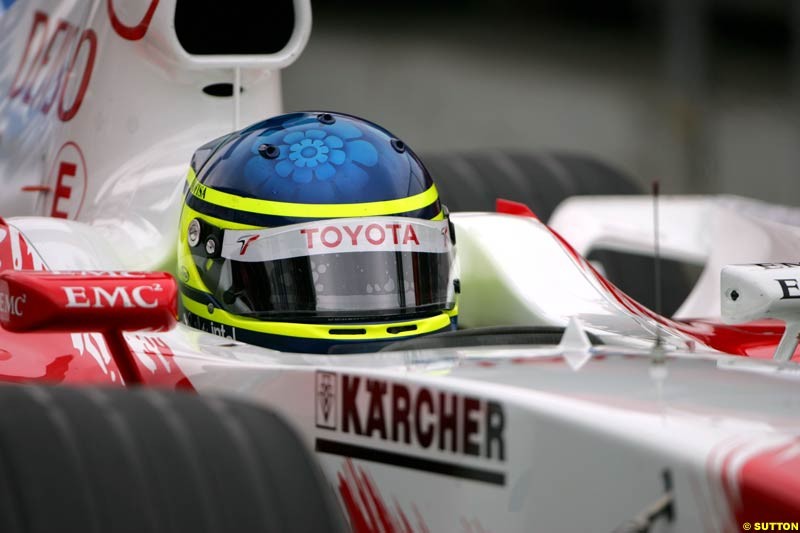 Cristiano da Matta, Toyota. Morning practice for the German Grand Prix, Hockenheim, July 24th, 2004.