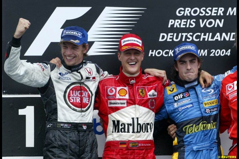 Jenson Button, Michael Schumacher, Fernando Alonso; German GP, Sunday July 25th, 2004.