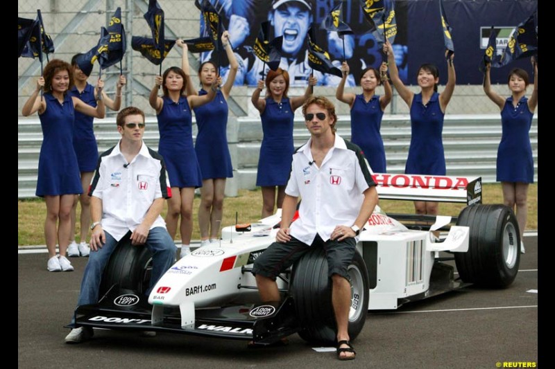 BAR-Honda driver Jenson Button attends a team promotion at the Shanghai International Circuit, China. August 17th 2004.