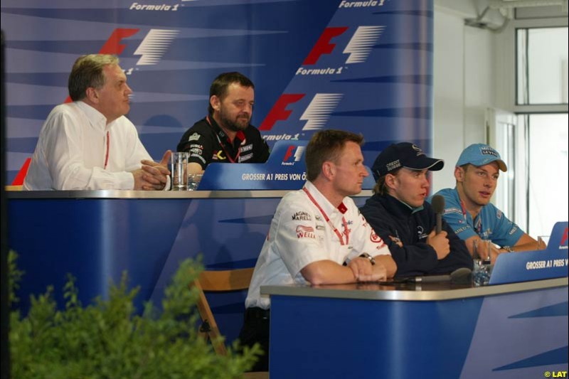 2002 Austrian Grand Prix, A1 Ring, Austria. 9th May 2002. Thursday press conference, with Patrick Head, Paul Stoddart, Allan McNish, Nick Heidfeld and Jenson Button.