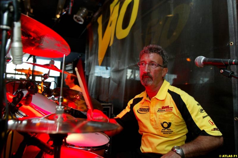 2002 Monaco Grand Prix - Friday. Eddie Jordan plays the drums at a Jordan Grand Prix party. Monte Carlo, Monaco. May 24th 2002