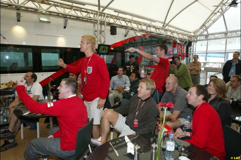 2002 European Grand Prix - the Nurburgring, Germany. June 21st 2002. The paddock watches the quarter finals of the World Cup