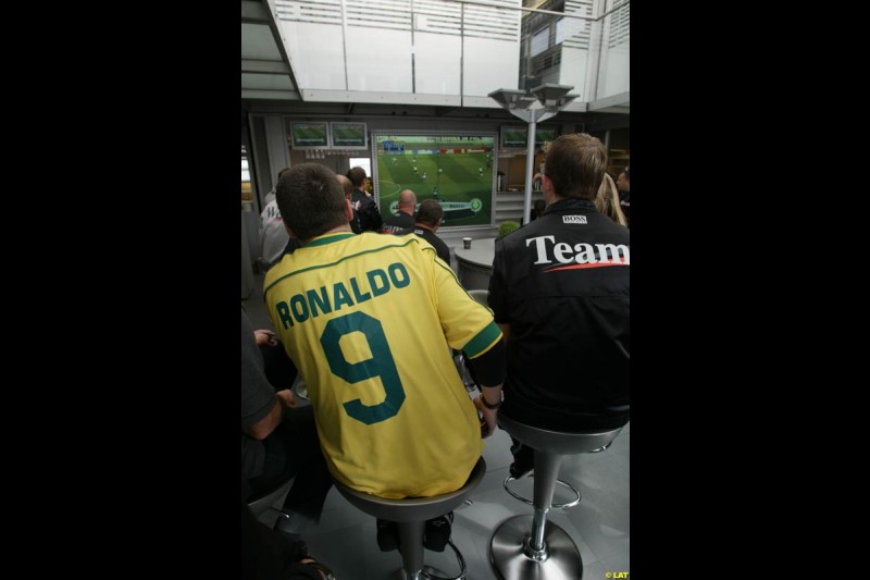 2002 European Grand Prix - the Nurburgring, Germany. June 21st 2002. The paddock watches the quarter finals of the World Cup