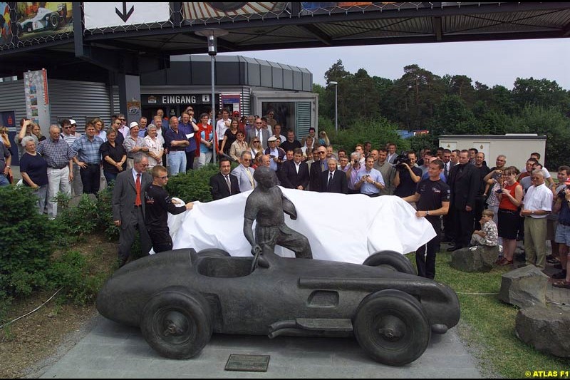 On 19 June 1927, 75 years ago, Rudolf Caracciola won the inaugurating race at the Nurburgring with a Mercedes S. On the occasion of that anniversary, West McLaren Mercedes drivers David Coulthard and Kimi Raikkonen drove Caracciola's car around the Grand Prix track. Earlier that day, David and Kimi unveiled a Juan Manuel Fangio statue in front of the Nurburgring Erlebniswelt.