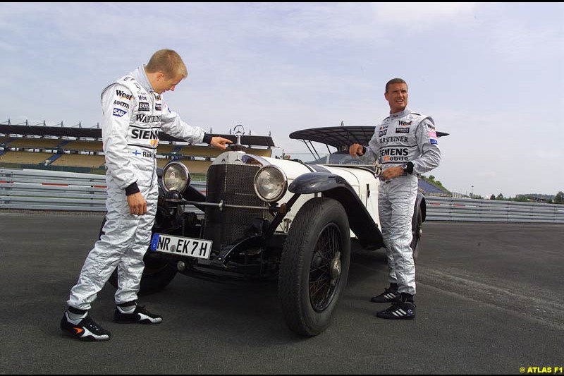 On 19 June 1927, 75 years ago, Rudolf Caracciola won the inaugurating race at the Nurburgring with a Mercedes S. On the occasion of that anniversary, West McLaren Mercedes drivers David Coulthard and Kimi Raikkonen drove Caracciola's car around the Grand Prix track. Earlier that day, David and Kimi unveiled a Juan Manuel Fangio statue in front of the Nurburgring Erlebniswelt.