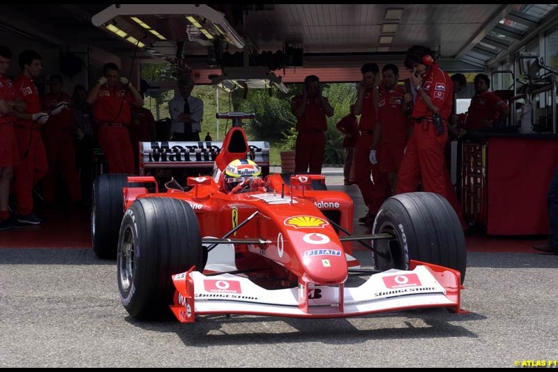 Luciano Burti tests the Ferrari F2002 for the first time at the Fiorano track, Maranello, Italy, June 28th 2002.