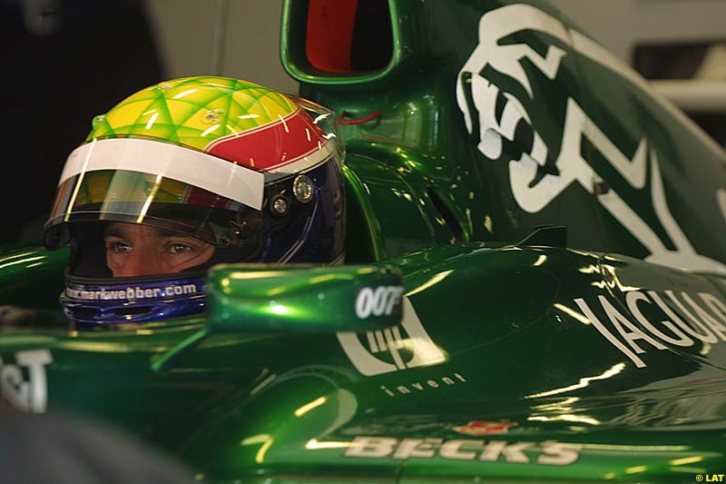 Mark Webber tests for the Jaguar team. Formula One Testing. Barcelona, Spain, 2June 8 2002.