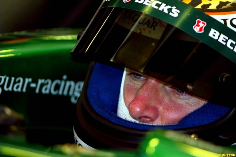 Eddie Irvine, Jaguar Cosworth R3. Formula One Testing, Barcelona, Spain, 26 June 2002.