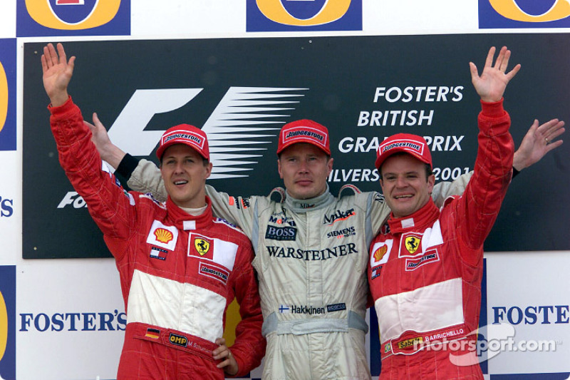 The podium: Michael Schumacher, Mika Hakkinen and Rubens Barrichello