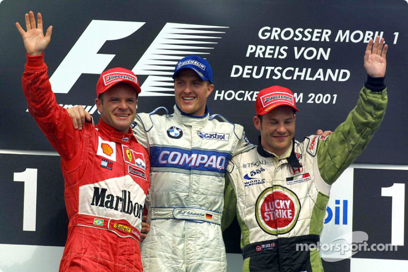 Podium: Rubens Barrichello, Ralf Schumacher and Jacques Villeneuve