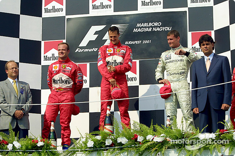 The podium: Rubens Barrichello, Michael Schumacher and David Coulthard