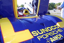 Roger Penske positions himself in the #6 Sunoco Porsche 917/30 - originally entered in the Can-Am series by Penske for Mark Donahue - as he prepares to take exhibition laps