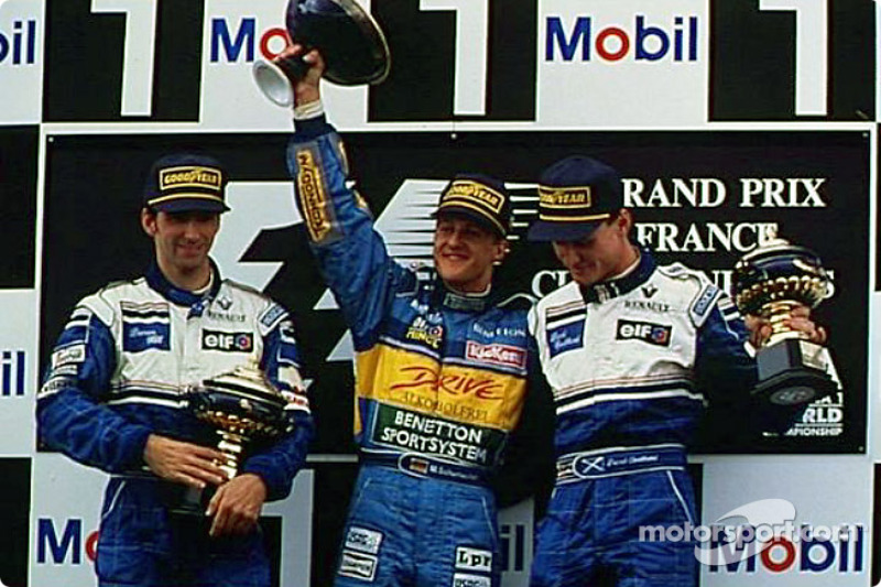 The podium: winner Michael Schumacher with Damon Hill and David Coulthard