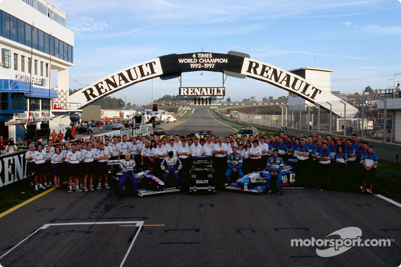 Williams and Benetton teams celebrating Renault's six world championship titles: Jacques Villeneuve,