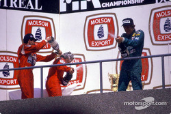 The podium: race winner Ayrton Senna, Alain Prost and Thierry Boutsen