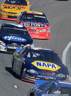 Michael Waltrip rounds turn four at Rockingham with Mark Martin and Jeff Gordon in toe