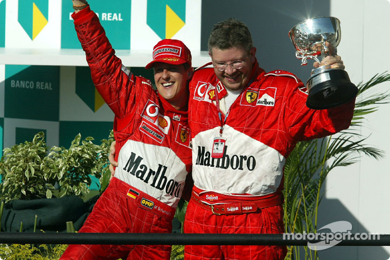 Race winner Michael Schumacher and Ross Brawn