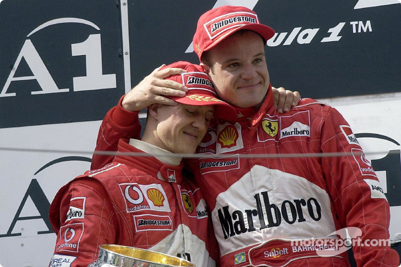 The podium: Michael Schumacher and Rubens Barrichello